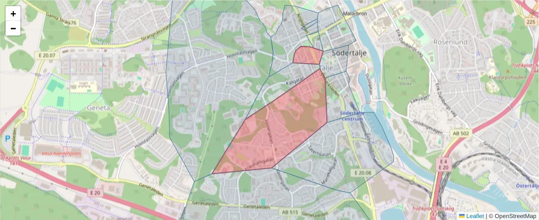 Karta över postnummerområdet  och angränsande postnummer i Sverige