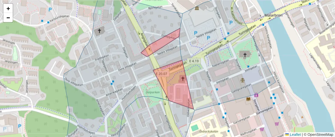 Karta över postnummerområdet  och angränsande postnummer i Sverige