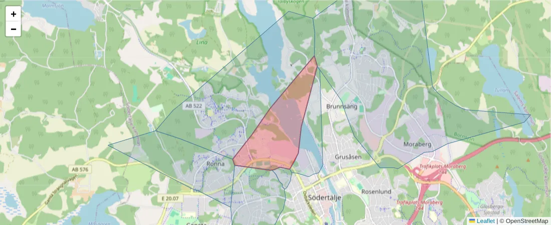 Karta över postnummerområdet  och angränsande postnummer i Sverige