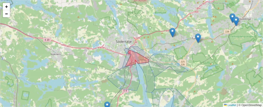 Karta över postnummerområdet  och angränsande postnummer i Sverige