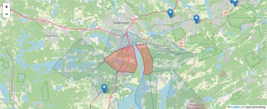 Karta över postnummerområdet  och angränsande postnummer i Sverige