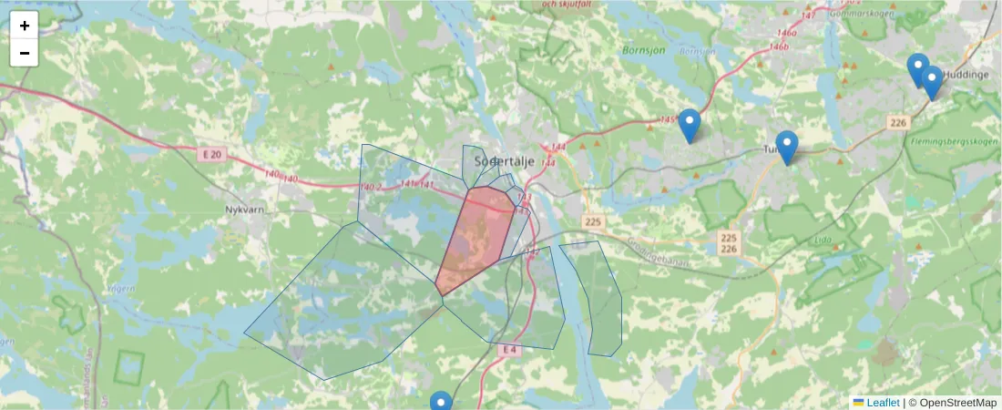 Karta över postnummerområdet  och angränsande postnummer i Sverige