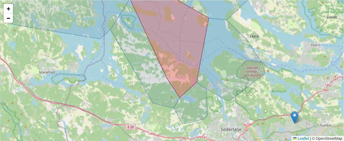 Karta över postnummerområdet  och angränsande postnummer i Sverige