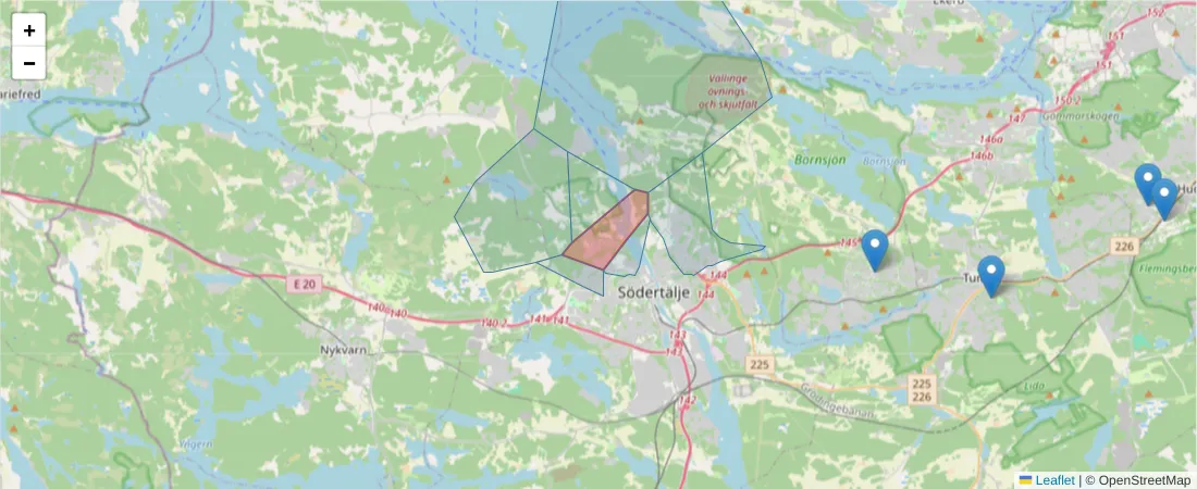 Karta över postnummerområdet  och angränsande postnummer i Sverige