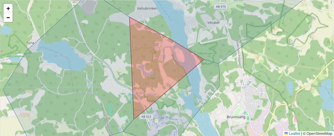 Karta över postnummerområdet  och angränsande postnummer i Sverige