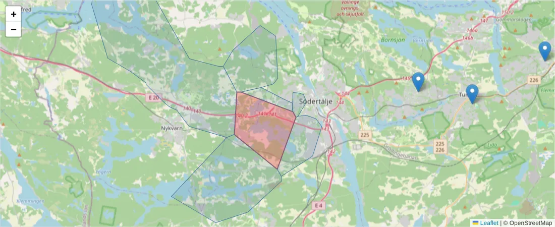Karta över postnummerområdet  och angränsande postnummer i Sverige