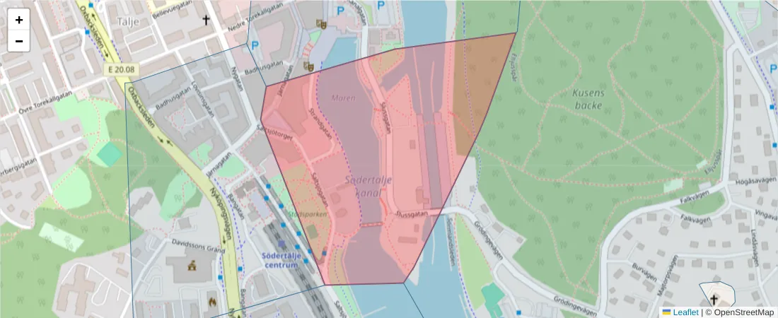 Karta över postnummerområdet  och angränsande postnummer i Sverige