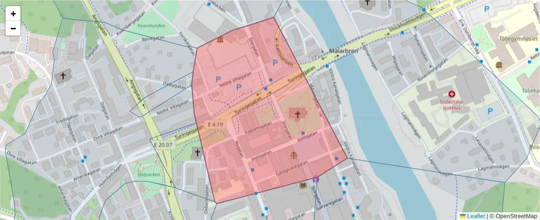 Karta över postnummerområdet  och angränsande postnummer i Sverige