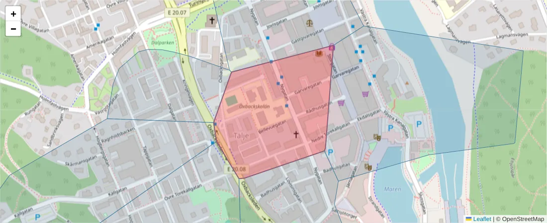 Karta över postnummerområdet  och angränsande postnummer i Sverige