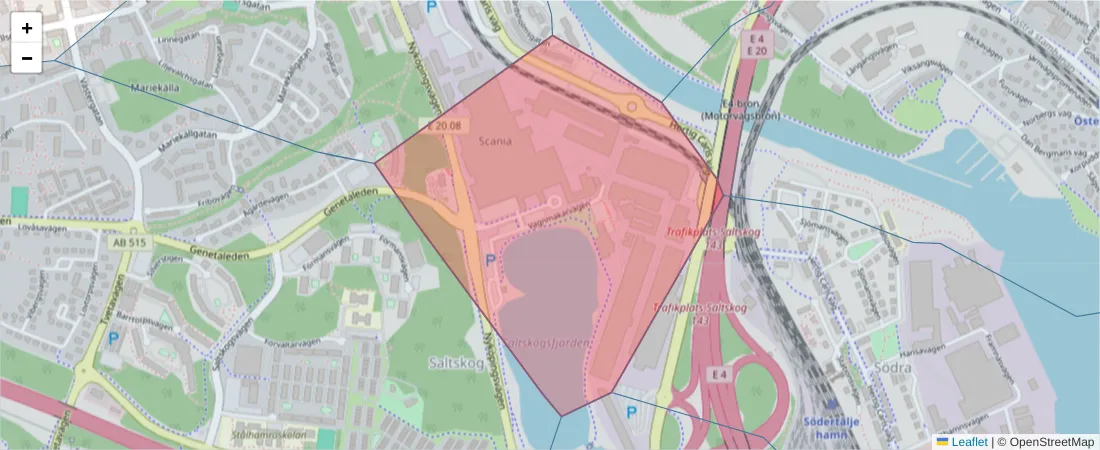 Karta över postnummerområdet  och angränsande postnummer i Sverige