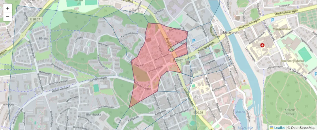 Karta över postnummerområdet  och angränsande postnummer i Sverige