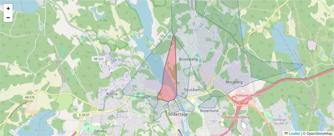 Karta över postnummerområdet  och angränsande postnummer i Sverige