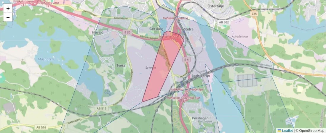 Karta över postnummerområdet  och angränsande postnummer i Sverige