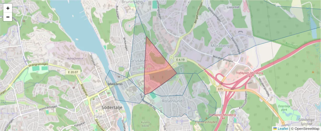 Karta över postnummerområdet  och angränsande postnummer i Sverige