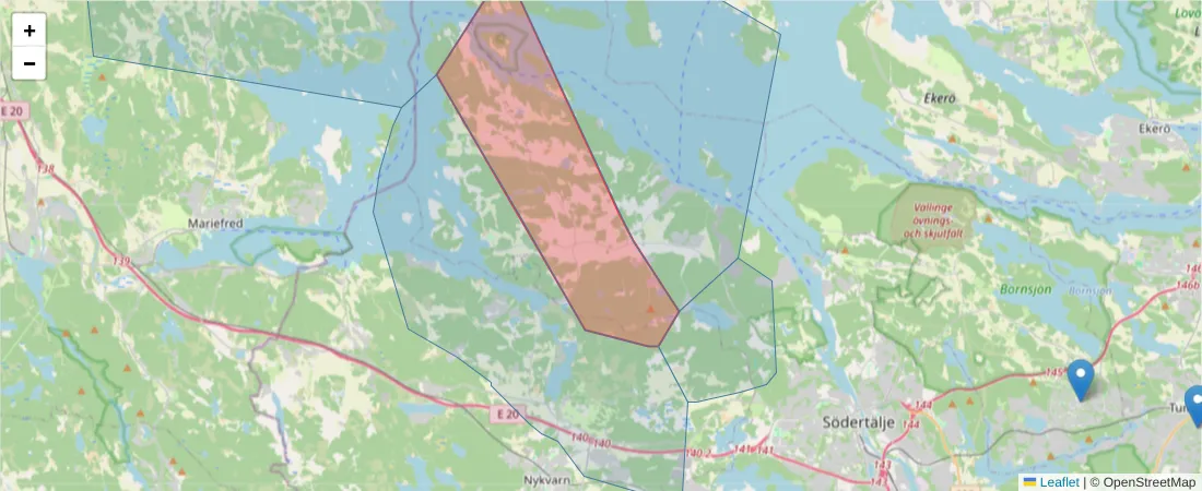 Karta över postnummerområdet  och angränsande postnummer i Sverige