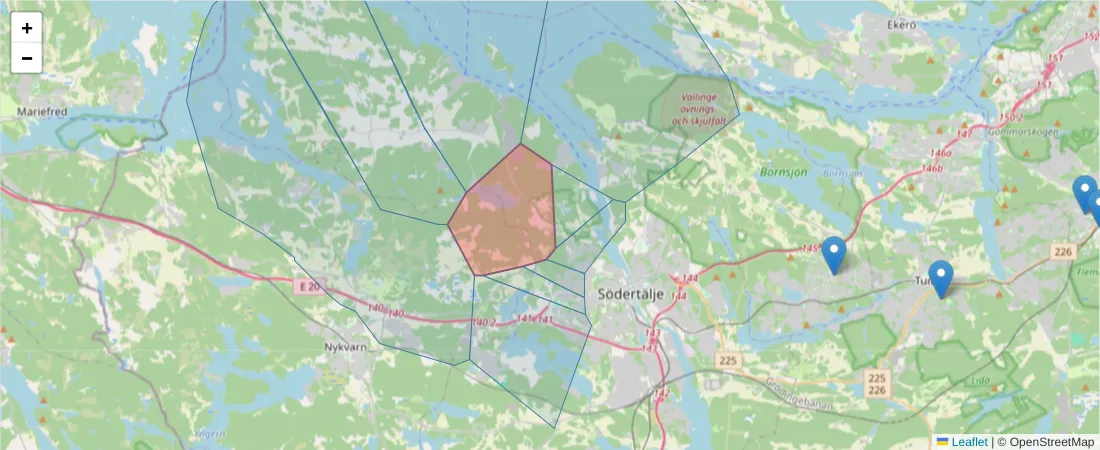 Karta över postnummerområdet  och angränsande postnummer i Sverige