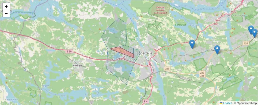Karta över postnummerområdet  och angränsande postnummer i Sverige