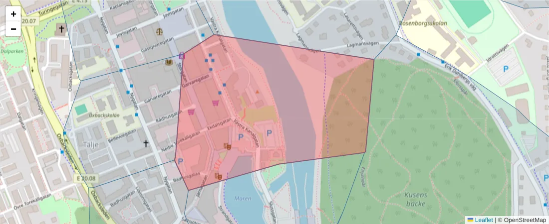 Karta över postnummerområdet  och angränsande postnummer i Sverige