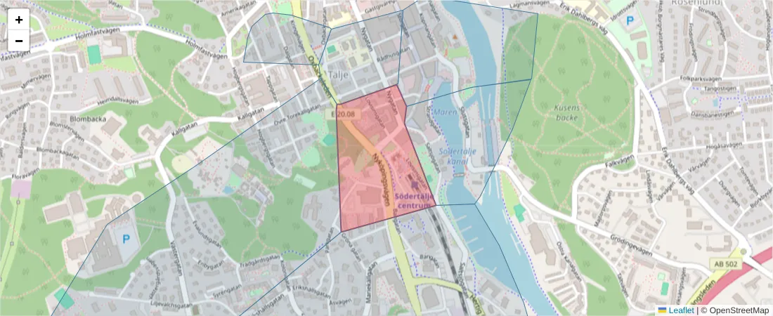 Karta över postnummerområdet  och angränsande postnummer i Sverige