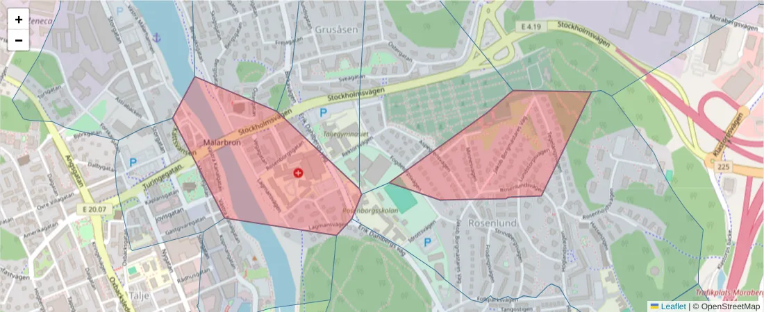 Karta över postnummerområdet  och angränsande postnummer i Sverige