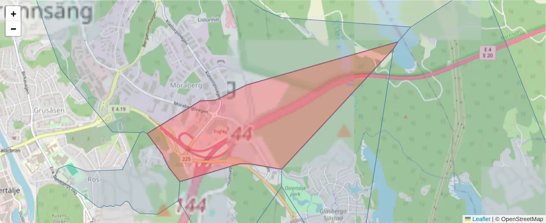 Karta över postnummerområdet  och angränsande postnummer i Sverige