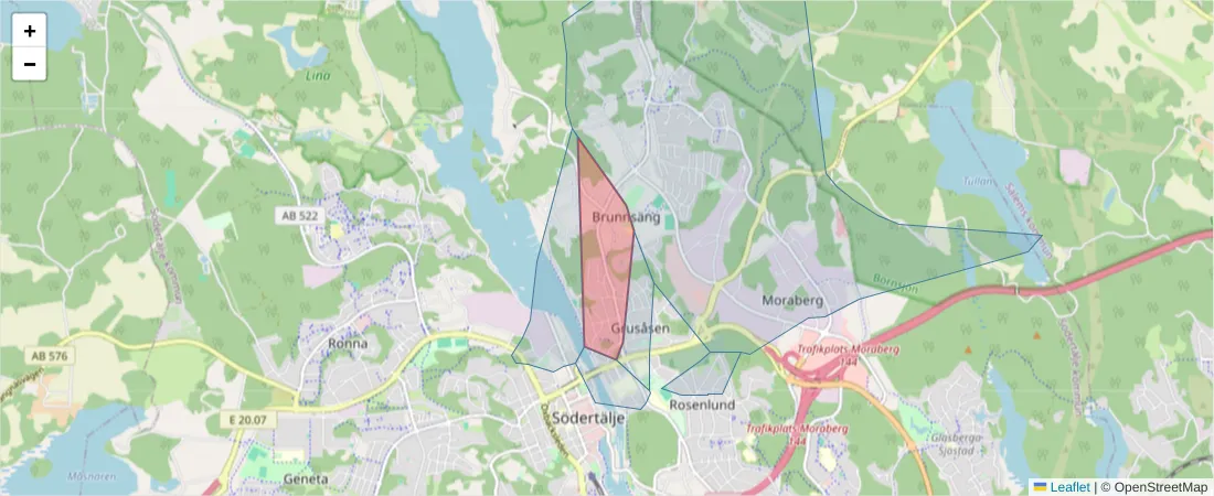 Karta över postnummerområdet  och angränsande postnummer i Sverige