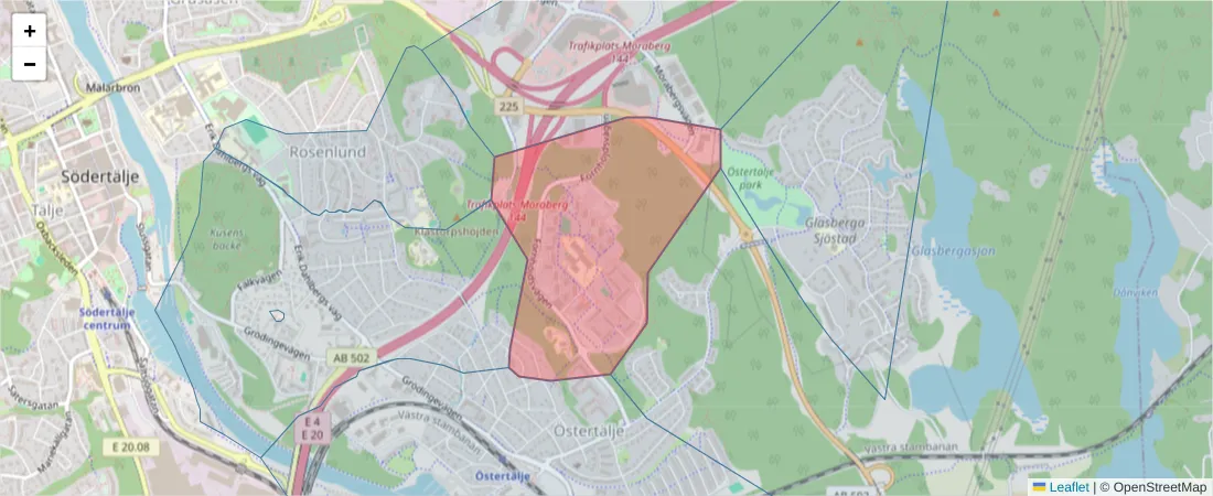 Karta över postnummerområdet  och angränsande postnummer i Sverige