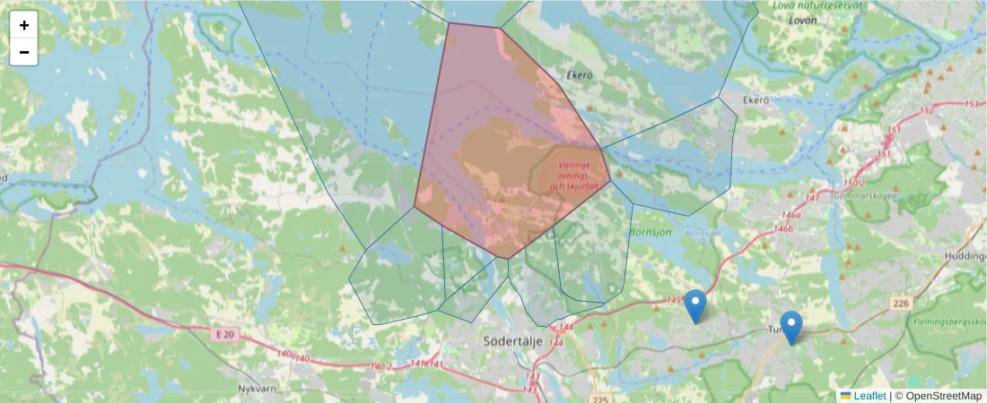 Karta över postnummerområdet  och angränsande postnummer i Sverige