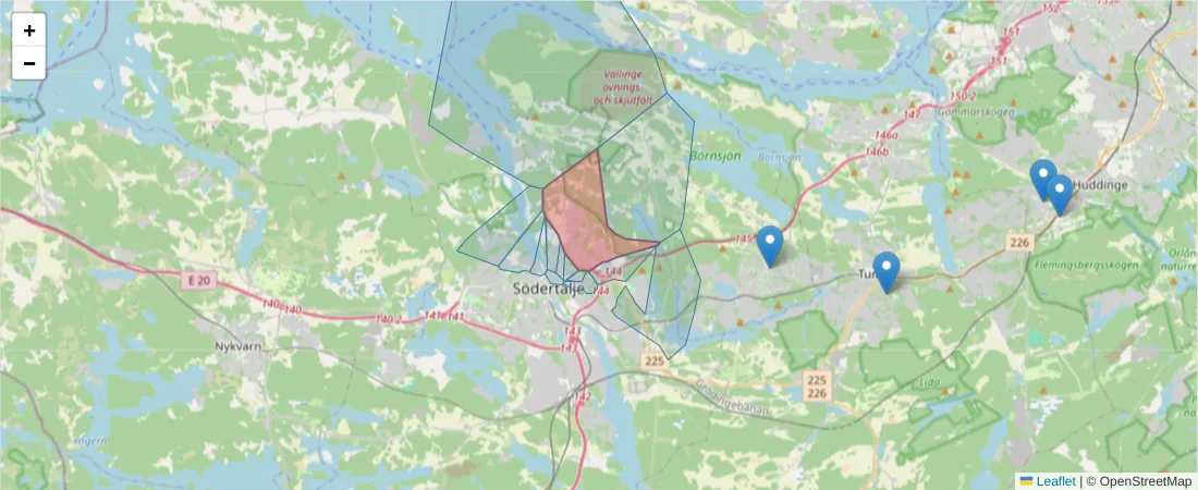 Karta över postnummerområdet  och angränsande postnummer i Sverige