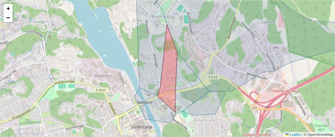 Karta över postnummerområdet  och angränsande postnummer i Sverige