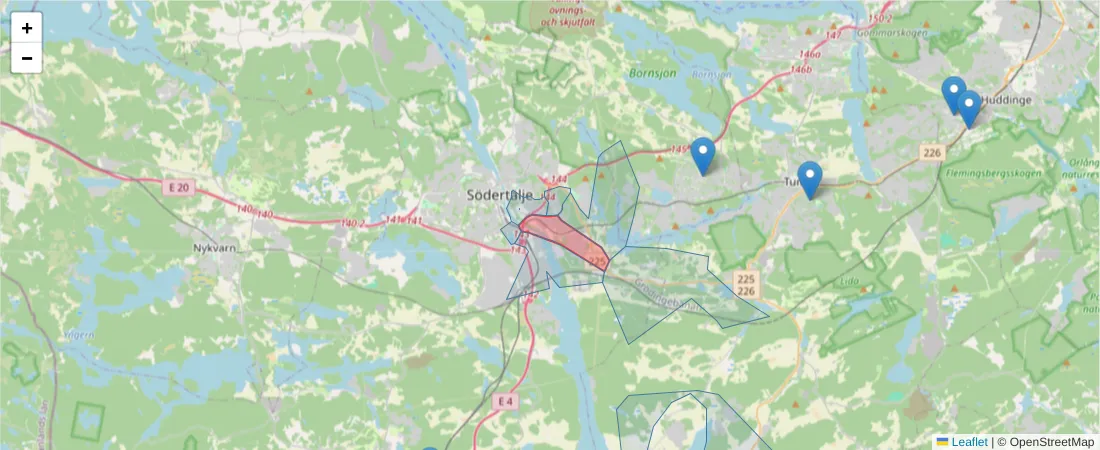Karta över postnummerområdet  och angränsande postnummer i Sverige