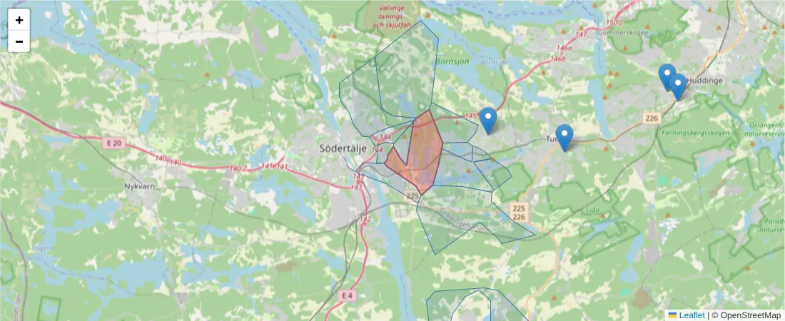 Karta över postnummerområdet  och angränsande postnummer i Sverige