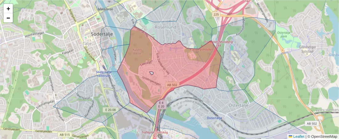 Karta över postnummerområdet  och angränsande postnummer i Sverige