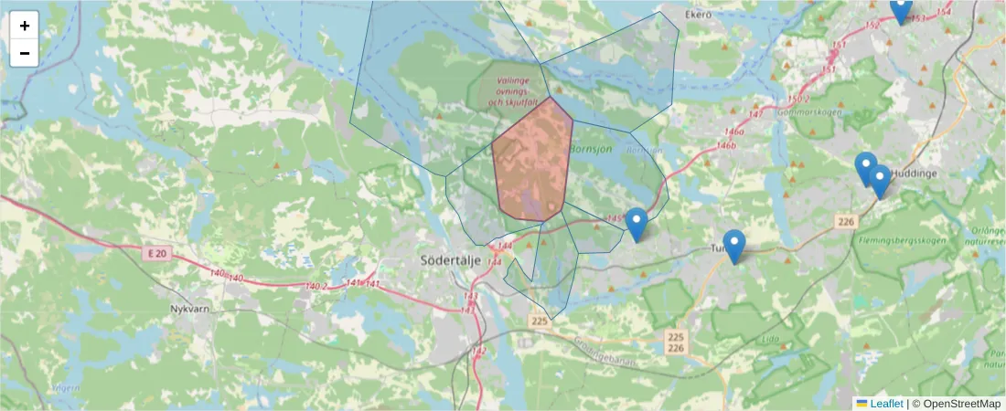 Karta över postnummerområdet  och angränsande postnummer i Sverige