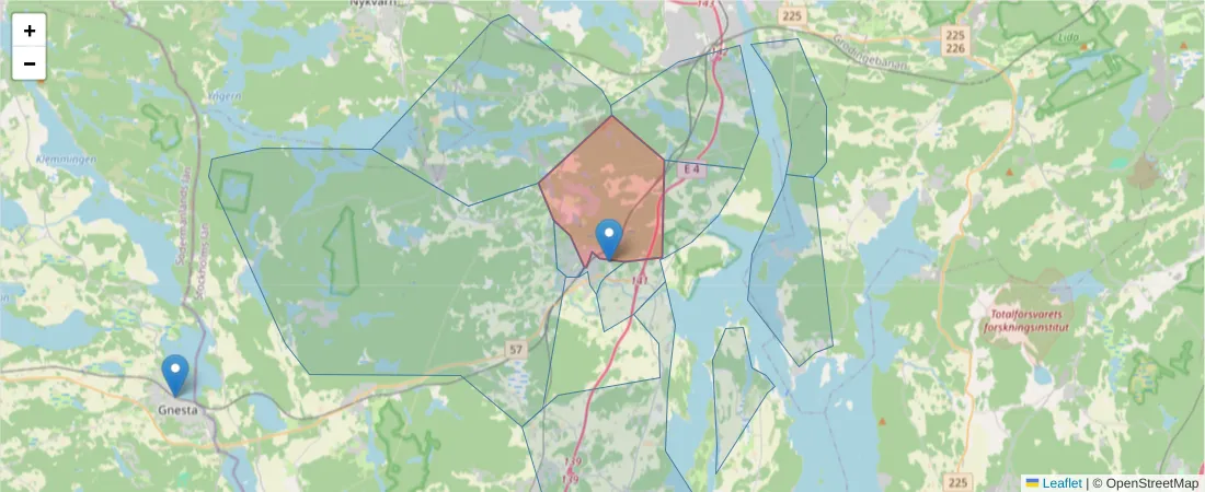 Karta över postnummerområdet  och angränsande postnummer i Sverige