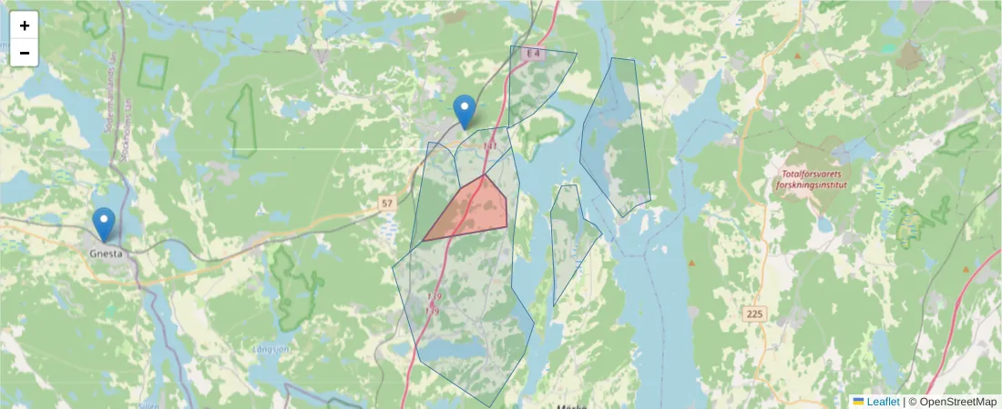 Karta över postnummerområdet  och angränsande postnummer i Sverige