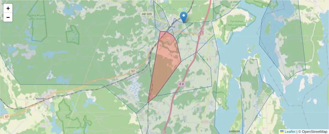 Karta över postnummerområdet  och angränsande postnummer i Sverige