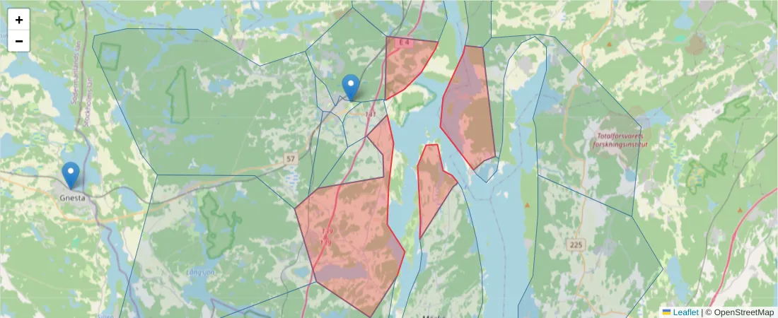 Karta över postnummerområdet  och angränsande postnummer i Sverige