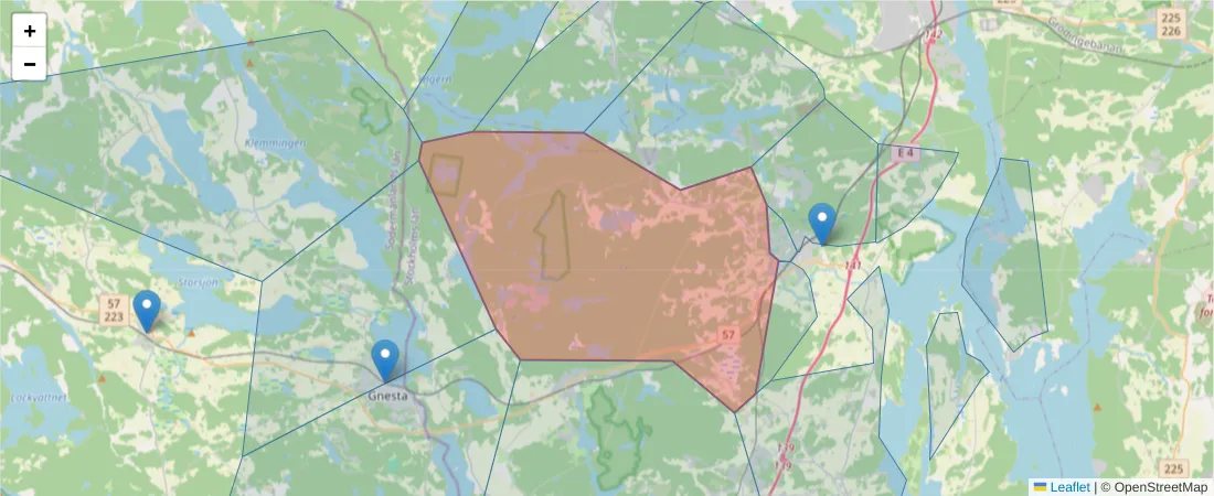 Karta över postnummerområdet  och angränsande postnummer i Sverige