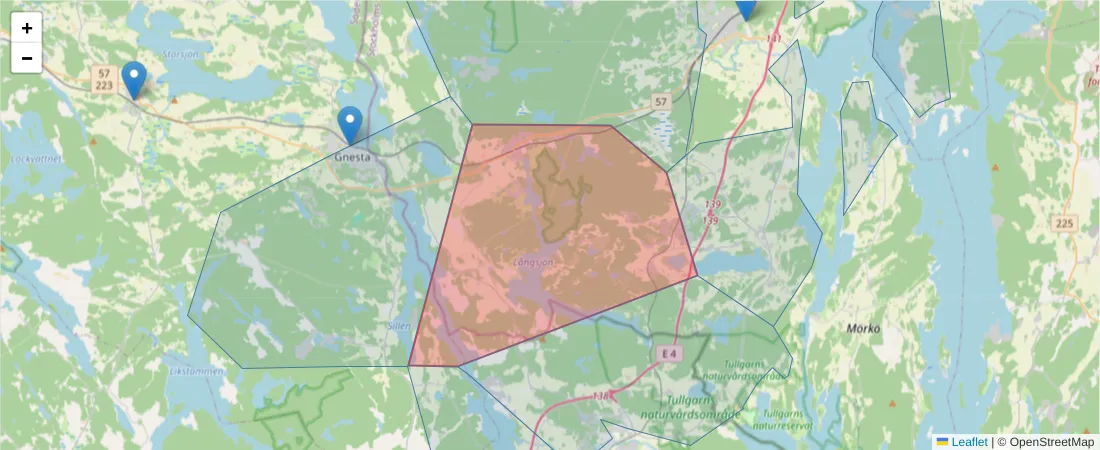 Karta över postnummerområdet  och angränsande postnummer i Sverige