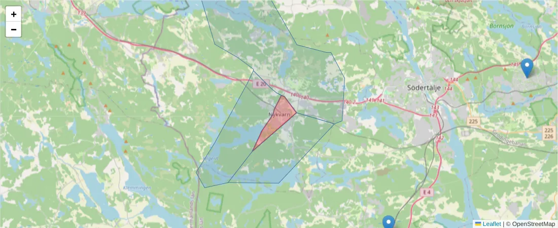 Karta över postnummerområdet  och angränsande postnummer i Sverige