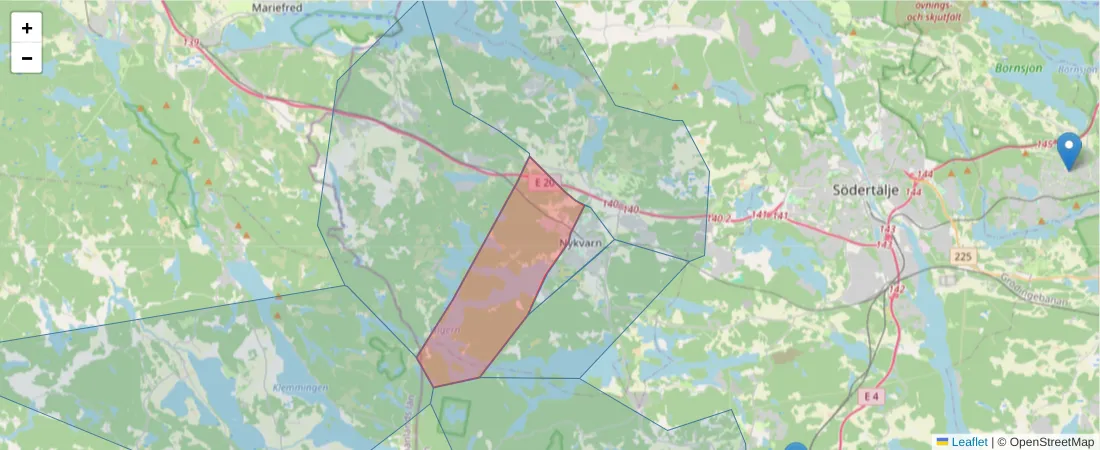 Karta över postnummerområdet  och angränsande postnummer i Sverige