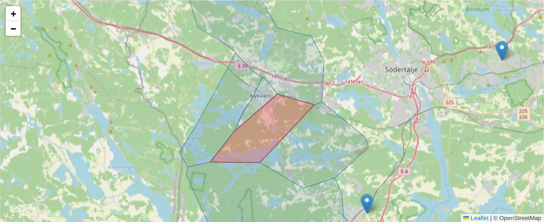 Karta över postnummerområdet  och angränsande postnummer i Sverige