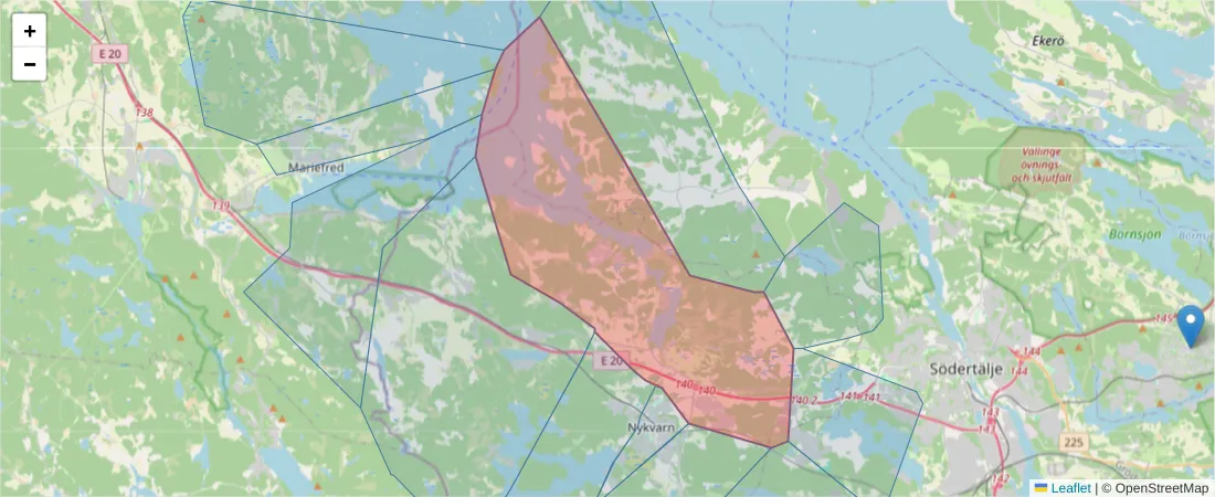 Karta över postnummerområdet  och angränsande postnummer i Sverige