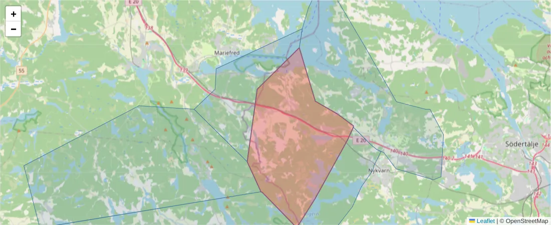 Karta över postnummerområdet  och angränsande postnummer i Sverige