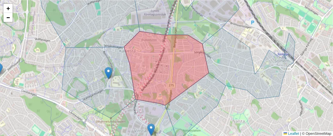 Karta över postnummerområdet  och angränsande postnummer i Sverige