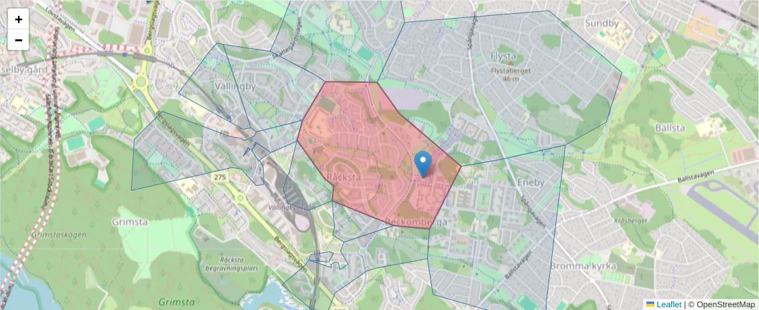 Karta över postnummerområdet  och angränsande postnummer i Sverige