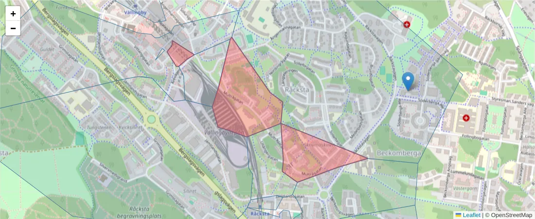 Karta över postnummerområdet  och angränsande postnummer i Sverige