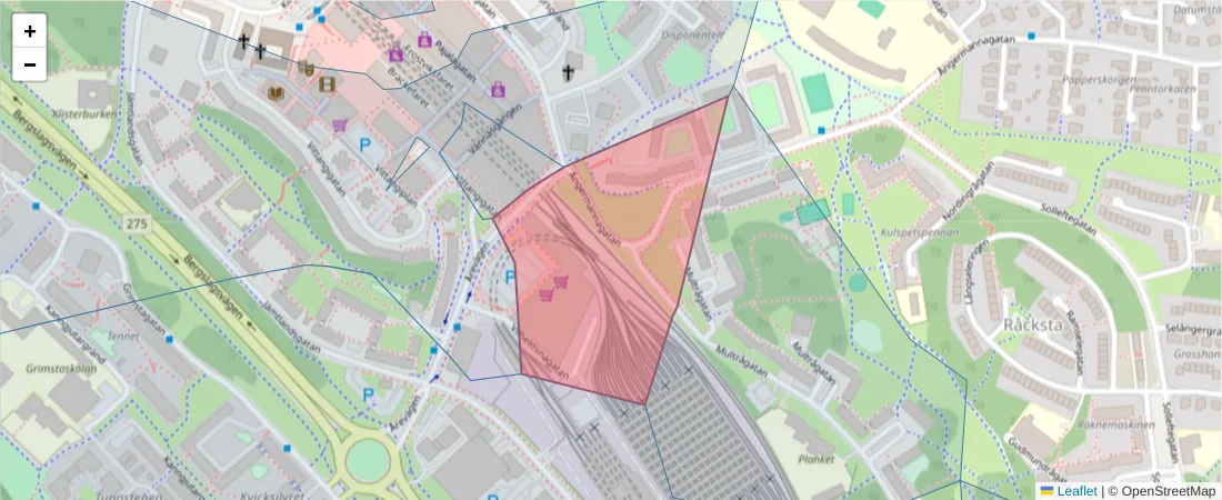 Karta över postnummerområdet  och angränsande postnummer i Sverige