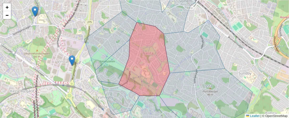 Karta över postnummerområdet  och angränsande postnummer i Sverige